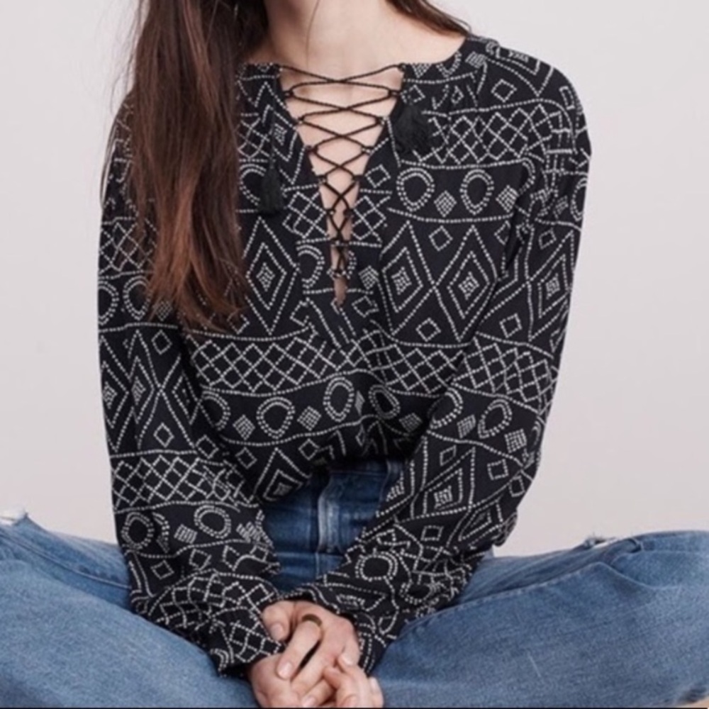Madewell Black White Lace-up Neck Peasant Top Size XS